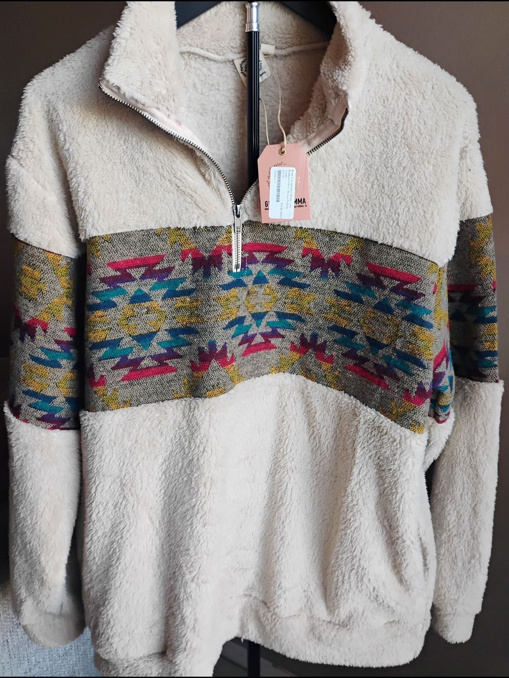 Grace & Emma Size L Southwestern Cream Sherpa Pullover with Colorful Aztec Band